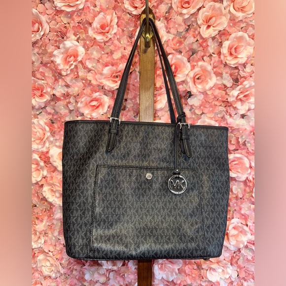 Michael Kors Black Signature MK Pattern Shoulder Bag Tote - Picture 1 of 16